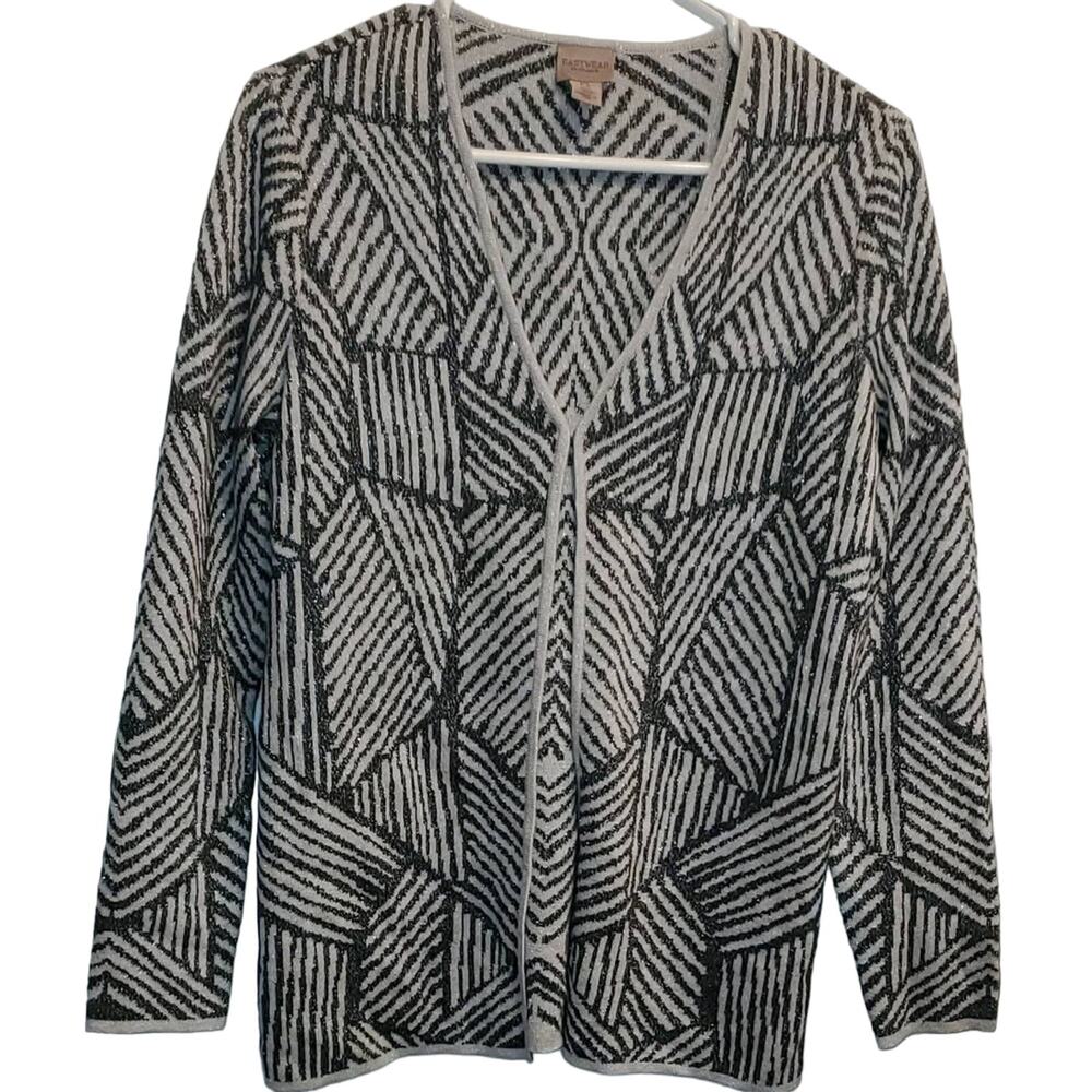 CHICO'S Easywear Geo Dashes Silver Metallic Threading Cardigan Sweater 0 XS